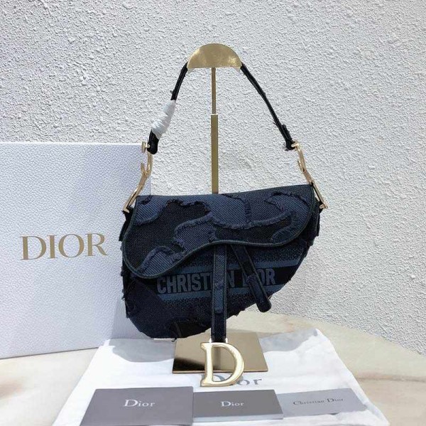 Dior Blue Saddle Camouflage Embroidered Canvas Bag 