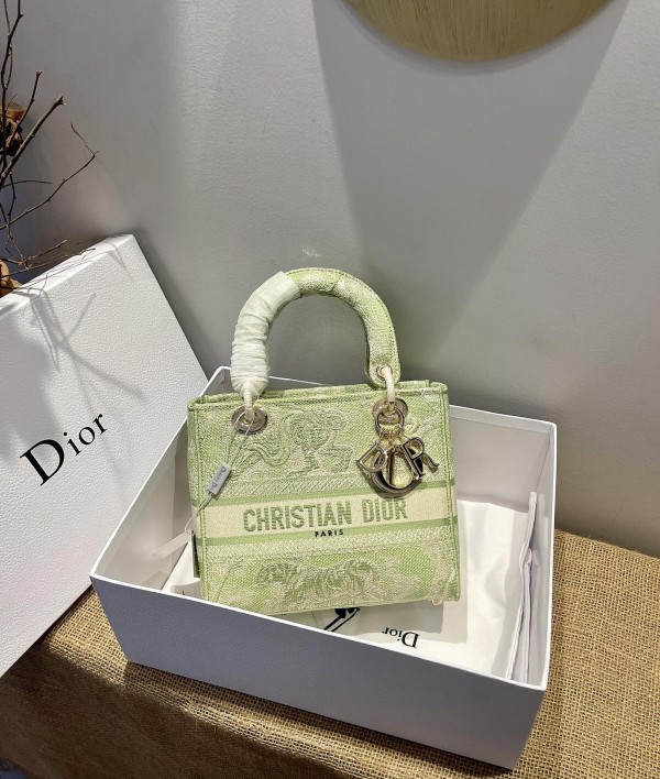 Dior Medium Lady D-Lite Green Toile De Jouy Reverse Embroidery
