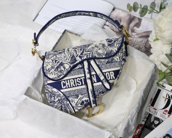 Dior Saddle Bag Oblique  Blue Toile de Jouy Embroidery