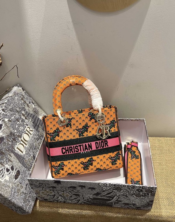 Dior Medium Lady D-Lite Orange Dragon & Fire Embroidery 