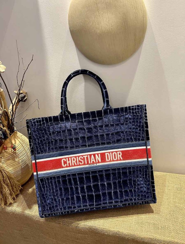 Dior Book Tote Blue Crocodile-Effect Velvet 
