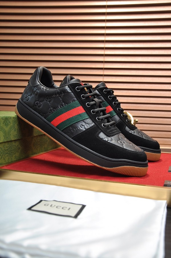 Gucci Black Leather And Suede With Web Shoes GG-S055