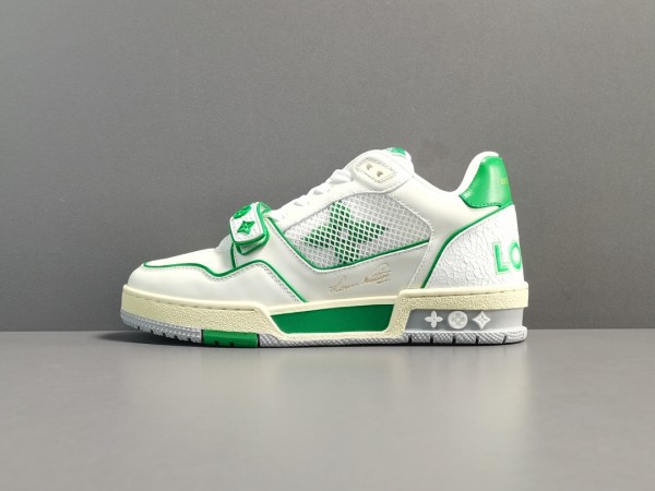 LV Trainer Sneaker Comes In White Calf Leather With Colorful Details Green