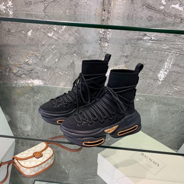 Balmain Knit and suede B-Bold high-top sneakers- Black  BMSKB-002