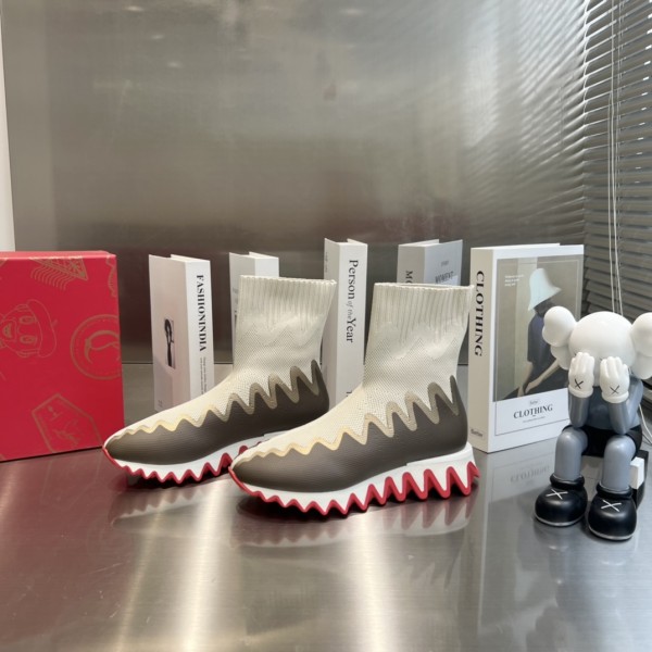 Louboutin Sharky Sock Maille Sneakers - White - Grey LBTSSK-002
