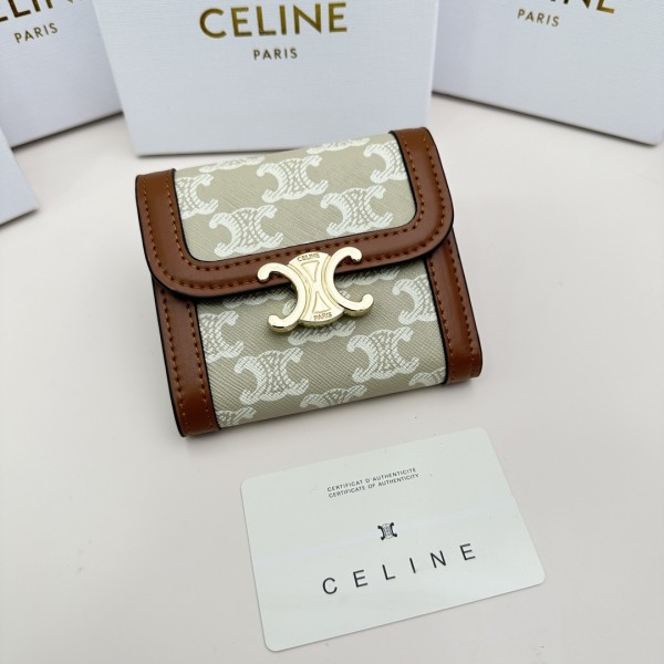 Celine Small Triomphe Wallet In Textile - Light Green - Brown