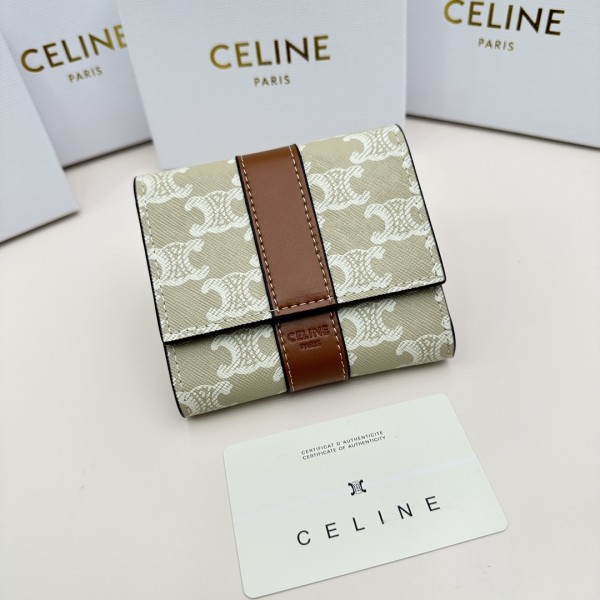 Celine Small Triomphe Wallet In Textile - Light Green 