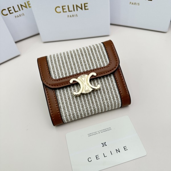 Celine Small Triomphe Wallet In Textile and Calfskin Tan - White