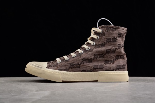 Balenciaga Paris High Top Sneaker in Dark Beige and Brown BB Monogram Jacquard and White Rubber 