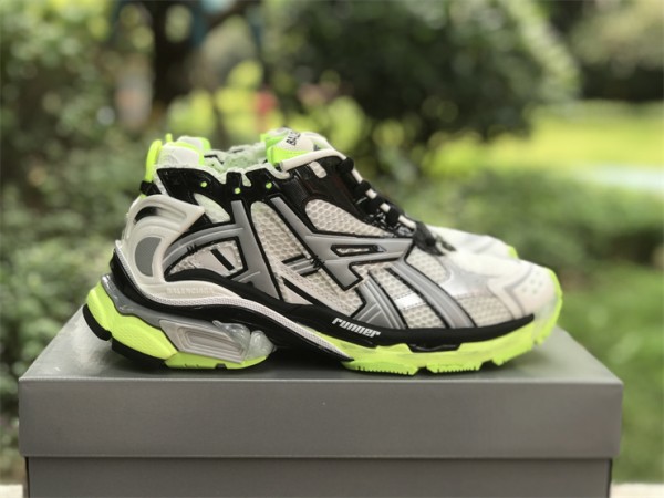 Balenciaga Runner Sneaker in white, black and neon yellow mesh and nylon 