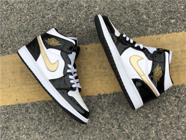 Air Jordan 1 Mid Patent Black White Gold
