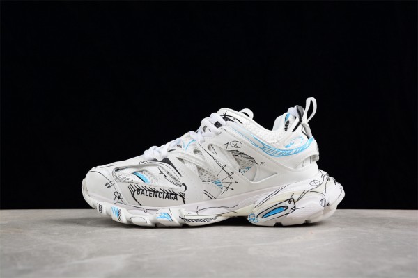 Balenciaga Track Sketch Sneakers in white, black, and blue double foam and mesh
