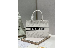 Dior Book Tote Bag - White Bayadere pattern mixed effect D-Stripes pattern embroidery