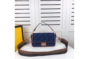 Fendi Baguette Embroidered Canvas Bag - Logo Fendi -  Dark Blue