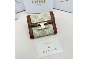 Celine Small Triomphe Wallet In Textile - Light Green - Brown