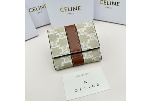 Celine Small Triomphe Wallet In Textile - Light Green 