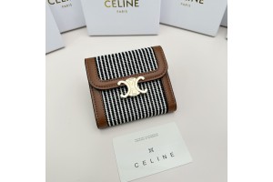 Celine Small Triomphe Wallet In Textile and Calfskin Tan - Black
