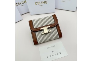 Celine Small Triomphe Wallet In Textile and Calfskin Tan - White