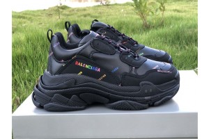 Balenciaga Allover Logo Triple S Black Letter Colorful 