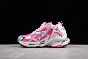 Balenciaga Runner Sneaker in neon pink, white, grey and black mesh and nylon 