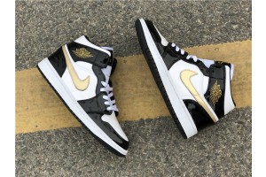 Air Jordan 1 Mid Patent Black White Gold